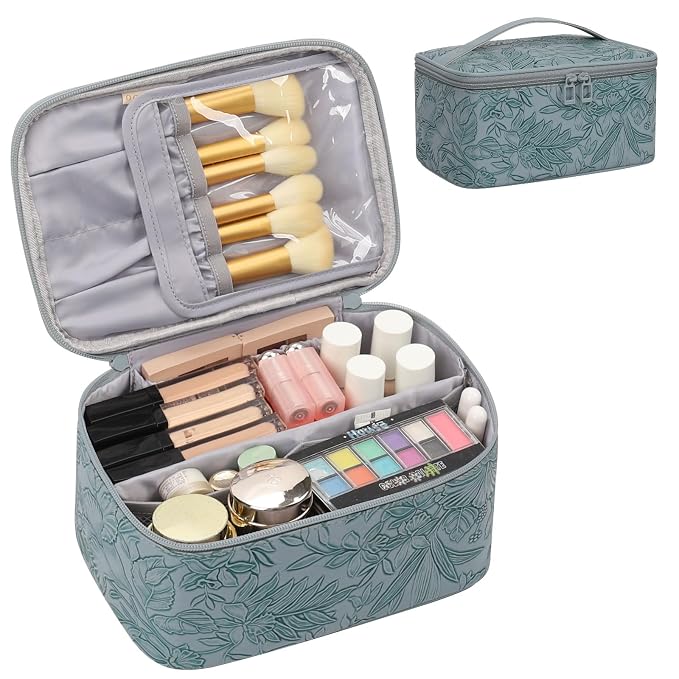 OCHEAL Makeup Bag for Women - Travel Cosmetic Organizer with Brush Slot & Divider, Large Capacity Toiletry Bag for Girls, Travel Makeup Case for everyday Make up Accessories -Blue Floral