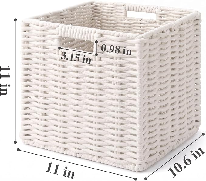 Cotton Rope Cube Storage Baskets Set of 2, 11 Inch Foldable Cubby Organizer Bins with Handles, Handwoven Square Basket for Organizing, Cube Closet Storage Bins for Shelves, Home Decor (White 2 Pack)