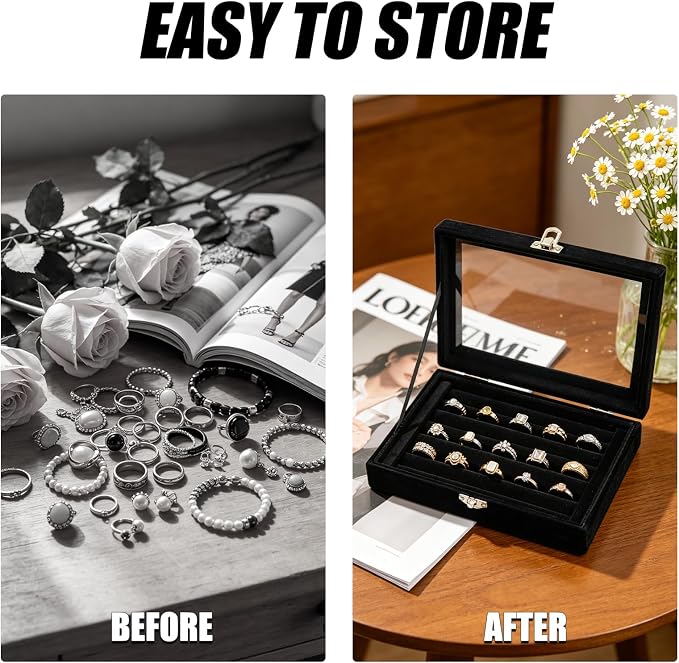 Small Velvet Jewelry Tray with Clear Lid, Lockable Ring Earring Holder Organizer Storage Box Case Jewelry Box Organizer for Rings Earrings Bracelets Brooches, 8 Rolls Black