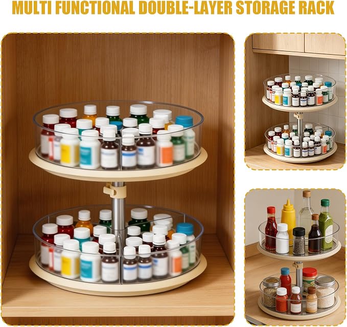 2 Tier Lazy Susan Turntable Organizer for Medicine Cabinet, 11 Inch White Rotating Spice Rack for Countertop, Pantry, Bathroom, Clear Large Storage for Bottles and Jars