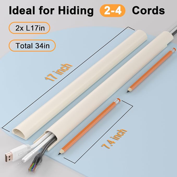 ZhiYo 34in Cord Hider for 2-4 Wall-Mounted TV Wires, 1.4" W x 0.7" H, Beige | Split-Hinge Design for Easy Installation, Half-Round Glazed Finish Ideal for Wall/Baseboard, Self-Adhesive, 2 Pack (17" Each)