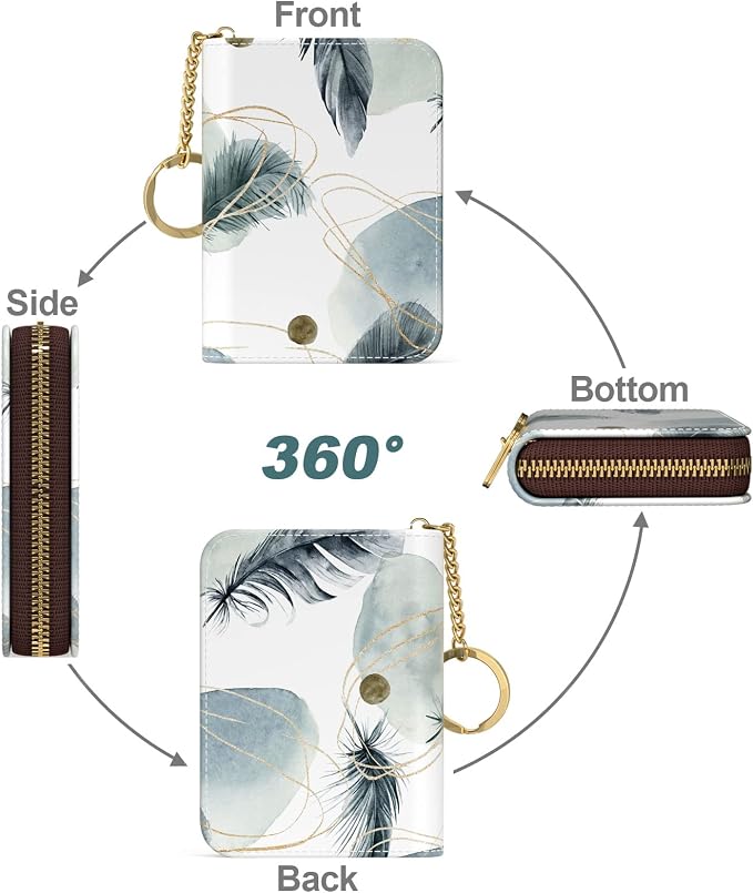 Nipichsha Credit Card Holder, Small RFID Card Wallet for Women, Slim Leather Card Holder Wallet, Credit Card Wallet Organizer, Pocket Business Card Case with Zipper & Keychain, Feather