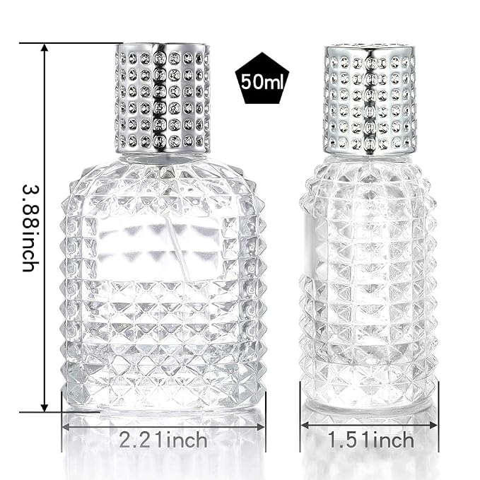 2 Pack 50ml Thick Empty Clear Glass Fine Mist Spray Luxury Refillable Perfume Bottles Atomizer Spray Bottle with 4 kinds of perfume dispenser (Silver cap and Gold cap)