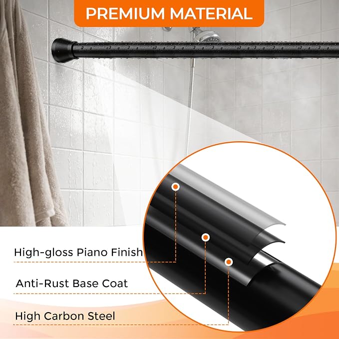 2Pack Spring Tension Curtain Rod 45 to 76 Inch 7/8" Diameter Adjustable No Drilling Black Shower Curtain Rods for Window Doorway Closet Door Kitchen Bathroom