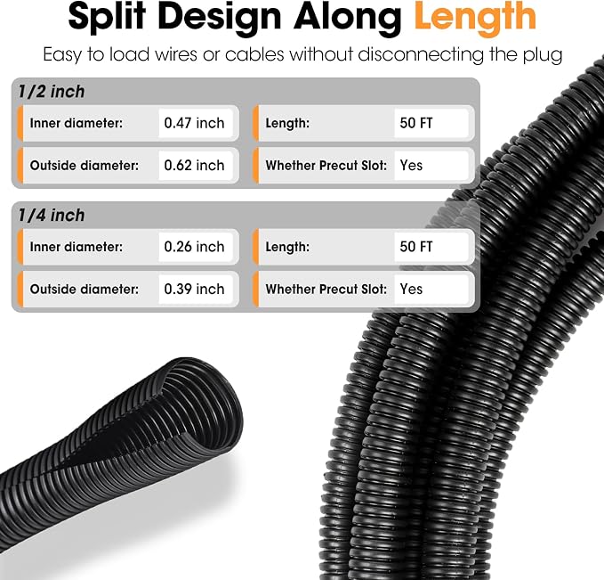 Wire Loom 1/4", 1/2 Inch x 50 FT, Split Wire Loom Tubing Wire Conduit, Cable Sleeves Bulk Flexible Electrical Conduit Protective kit – Black