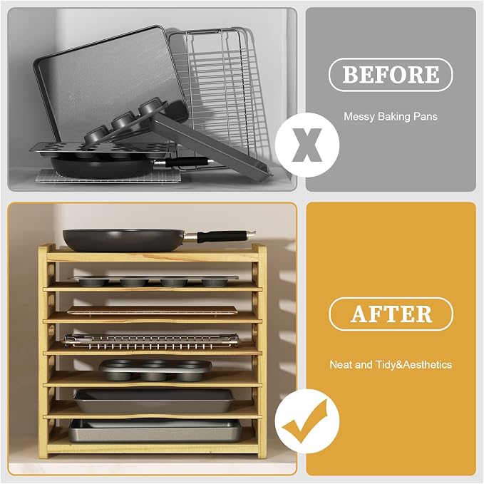 7 Tier Wooden Tray Dividers for Cabinets, Kitchen Cookie Sheet Organizer for Cabinet, Vertical pans, Baking trays, Cutting Board