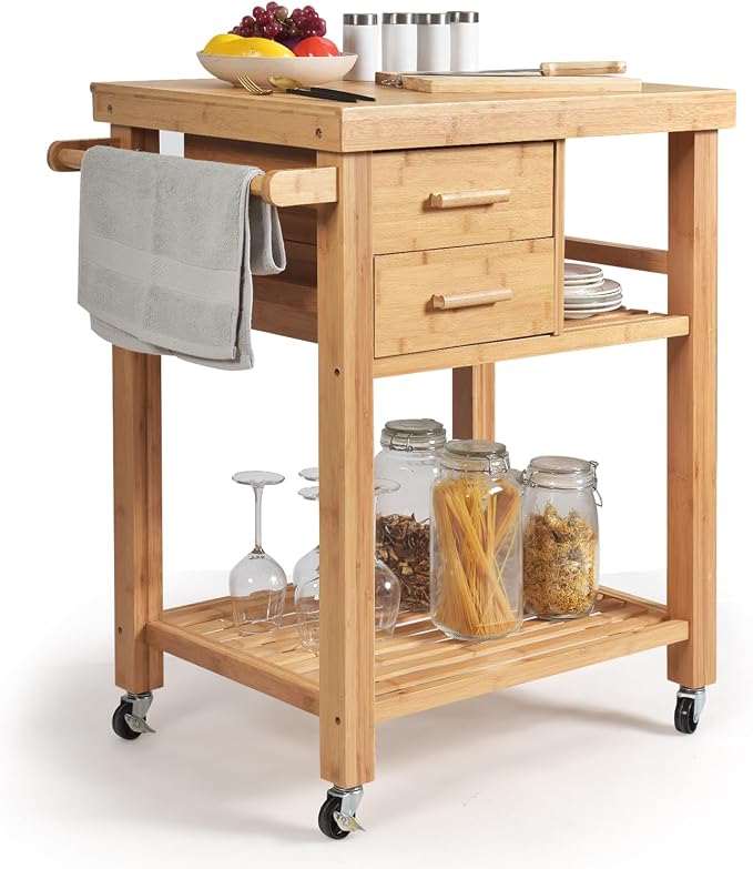 Kitchen Island, Rolling Butcher Block Kitchen Cart on Wheels, Bamboo Kitchen Trolley with Drawers, Shelves, Towel Rack, Small Kitchen Island Cart for Dining Room