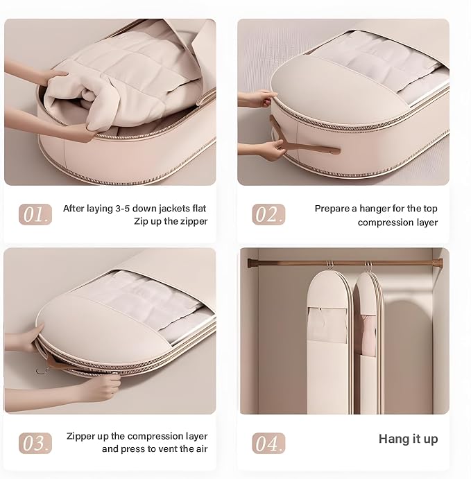 Hanging Garment Bag with Self Compression Zipper, Translucent Suit Bags Dust Cover Clothes Bags for down Coat, Jackets, Shirts and Sweater (Beige, Large)