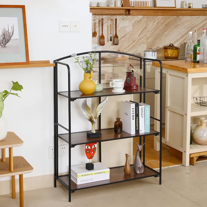 Crofy 3-Tier Wider Foldable Bookshelf, Black Frame & Walnut Shelves | No-Assembly Collapsible Portable Storage Organizer; Sturdy Walnut Finish Shelves; Ideal for Living Room & Home Office