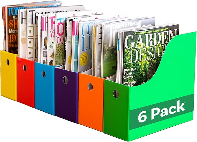Evelots Magazine File Holder -Set of 6 Multi Color- Office Desk Organizer - Sturdy Cardboard - New Upgraded Double Front Panel -4" Wide-Easy Assemble