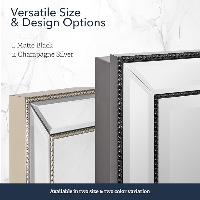 Head West Black Stylish Sleek Metro Beaded Medicine Cabinet with Mirror, Bathroom Wall Mount Storage Organizer with Glass Shelves - 16" x 26"