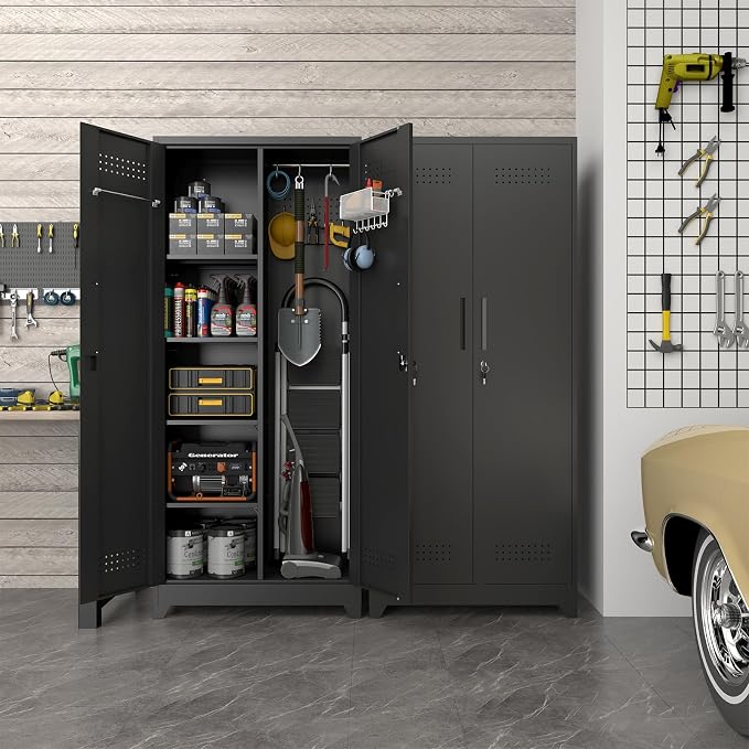 Metal Locking Cabinet, 72.8" Tall Storage Cabinet for Broom, Garage Storage Cabinet with Doors and Shelves, Heavy Duty Tool Cabinet for Home Office, School, Basement,Gym