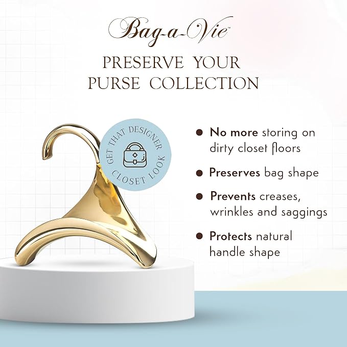 Bag-a-Vie Gold Metal Hangers Combo Pack 6 (3 Purse Hangers + 3 Clothes Hangers) Closet Organizer Set for Handbags, Coats & Suits