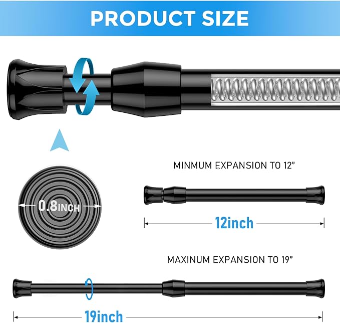 4 Pack Small Tension Rod 12 to 19 Inch Adjustable Tension Curtain Rod Mini Closet Spring Rod No Drilling Short Tension Rods for Windows, Cupboard, Kitchen Cabinets, Black