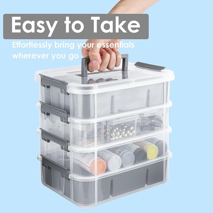 CraftGenes Craft Organizers and Storage, 4-Tier 10 Qt Box, 2 Trays, Grey | Clear Compartments; Dual Removable Inserts; Carry Handle; Side Latches; Beads, Ribbon, Stamps, Scrapbook Pieces, DIY Tools