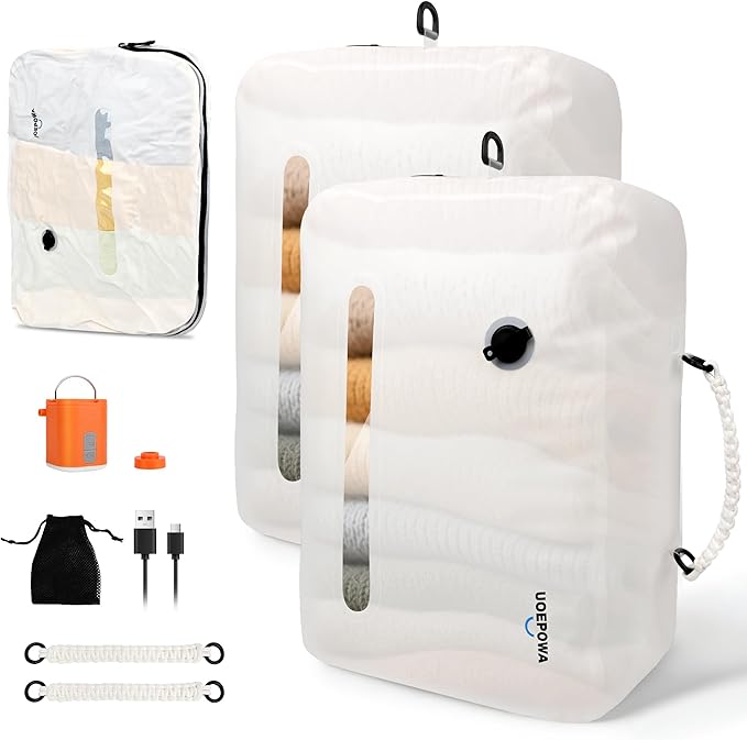 Travel Vacuum Bags with Pump, 33L Vacuum Seal Bags for Clothing, IPX8 Waterproof Vacuum Storage Bags with Handle for Luggage, Backpack, Suitcase, Home & Outdoor 2pack White