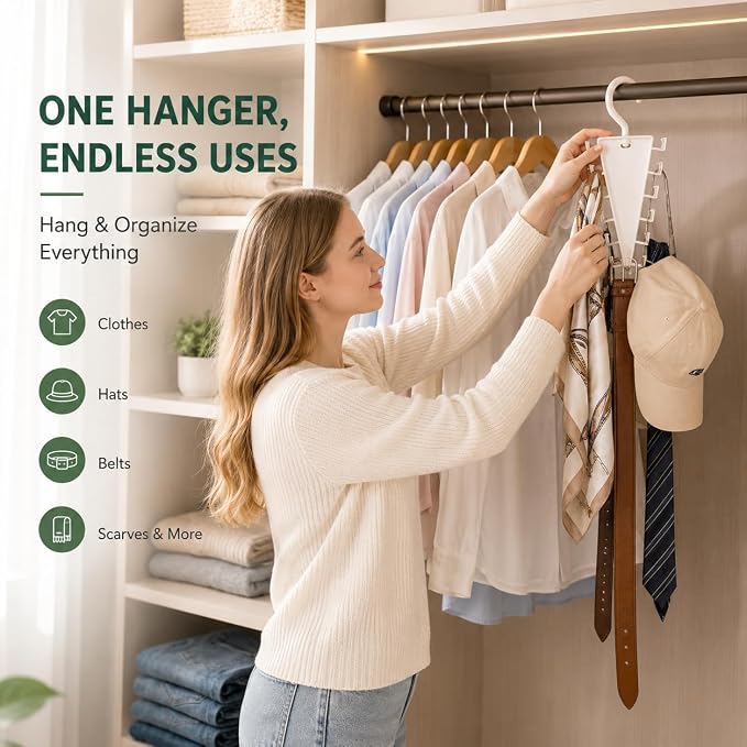 12 Hooks Space Saving Closet Hanger Organizer, V-Shape Multi Hook Clothes Hanger for Hats, Belts, Scarves & Accessories, Closet Storage Organizer for Wardrobe Space Saver (1 Pack)