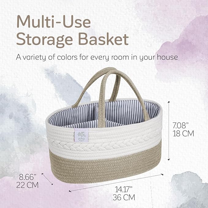 KiddyCare Woven Diaper Caddy Organizer, Large Gray Multi Functional Portable Baby Basket with Handle, Baby Gift for Boy/Girl Nursery Storage, Organization, and Modern Car Diaper Caddy Natural Large