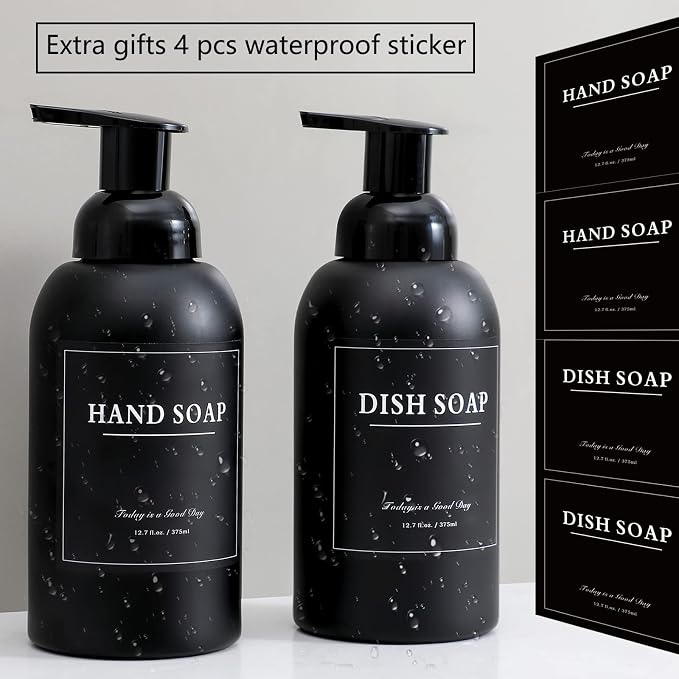 rejomiik 2 Pack Foaming Thick Glass Foam Hand Soap Dispenser for Bathroom or Kitchen Sink, 13 oz Pump Bottles for Hand soap, Body Wash, Matte Black