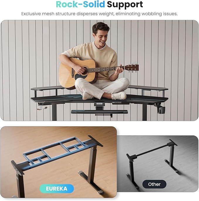EUREKA ERGONOMIC Gaming Desk, Standing Desk w Keyboard Tray, 72" Wing Shaped Music Studio Table with LED Shelves, Gaming Recording Live Stream, Slot Design
