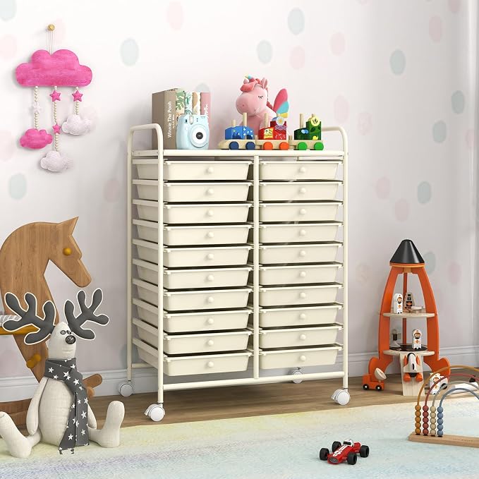 DREAMADE Rolling Cart with Storage Drawers, Utility Cart w/Removable Plastic Drawers, Lockable Wheels, Art Cart for Classroom Organization Art Supplies Office Scrapbook (20 Drawers, White)