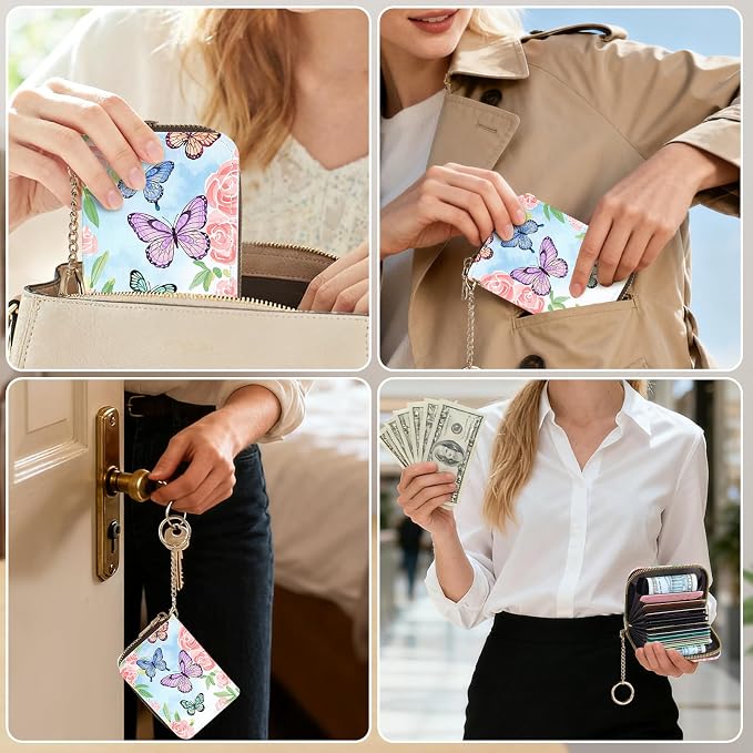 Credit Card Holder for Women,Small Rfid Wallet with Keychain Zipper,Cute PU Leather Card Case Wallet，Accordion Credit Card Wallets Gift,Pink Flowers and Butterflies