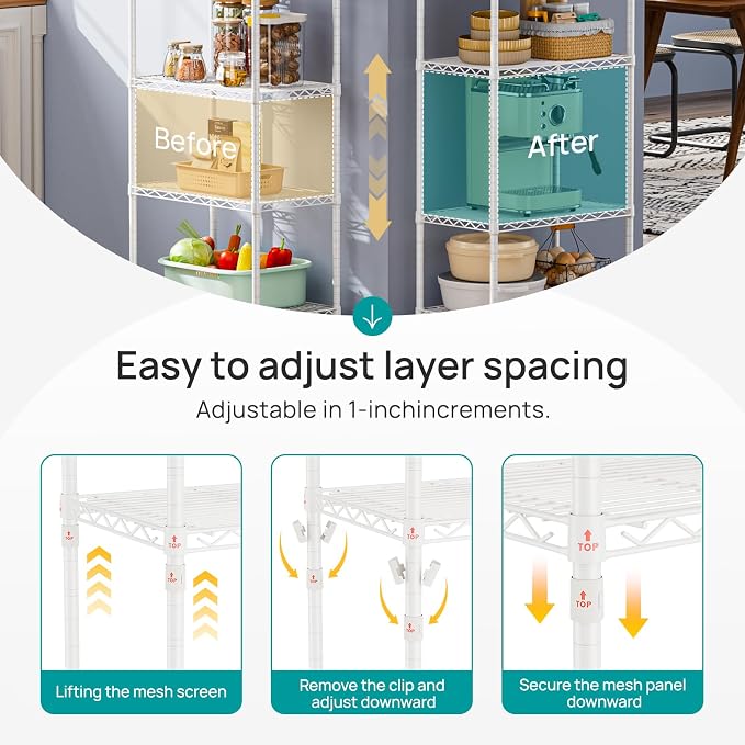 SINGAYE 5 Metal Shelves Wire Shelving Storage Shelf Adjustable Unit Pantry | 5 Tier Kitchen Laundry Room Organization Home Pantry Closet Bathroom Organizers Garage Rack 14" D x 24" W x 59.5" H White