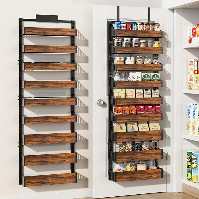Over the Door Pantry Organizer: Pantry Organization and Storage with Hanging Basket - 9-Tier Metal Spice Rack Adjustable Shelves for Kitchen Bedroom Bathroom & Laundry Room Black