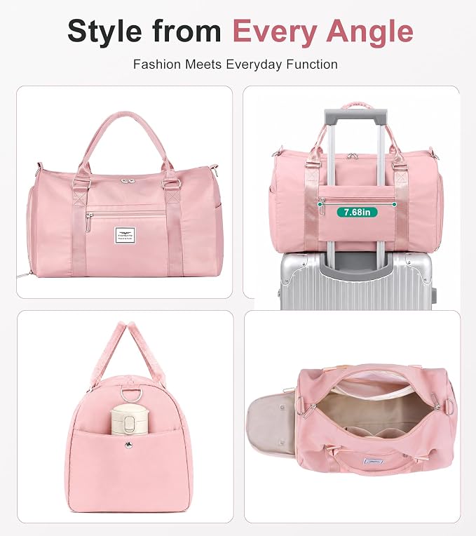 FIORETTO Womens Gym Tote Duffle Bag with Wet Pocket & Shoe Compartment, Sports Duffel Overnight Weekender Hospital Workout Carry on Bag for Girls, Ideal for Travel, Swimming, Dance, Ballet Pink