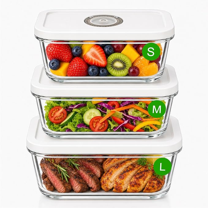 Vacuum Seal Containers,3pcs Glass Vacuum Seal Containers for Food Storage | Food Container Sets with Date Tracking Lid,Stackable Vacuum Containers for Leftovers, Meal Prep, Fridge,Freezer & Pantry
