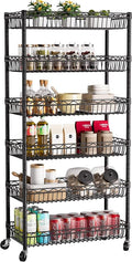 Golpart Basket Shelves Closet Rack with Wheels Metal Pantry Wire Shelf Unit | 6 tier Storage Rolling Shelving Bathroom Organizers Kitchen Garage Laundry Room Organization Home 30"Dx13.6"Wx65"H Black