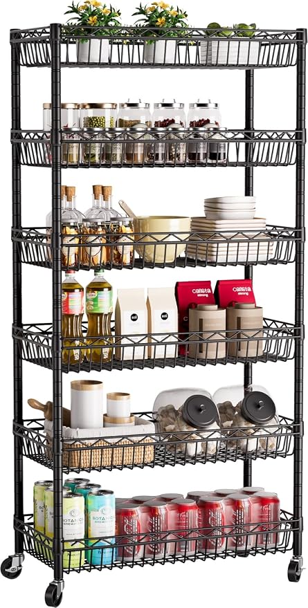 Golpart Basket Shelves Closet Rack with Wheels Metal Pantry Wire Shelf Unit | 6 tier Storage Rolling Shelving Bathroom Organizers Kitchen Garage Laundry Room Organization Home 30"Dx13.6"Wx65"H Black