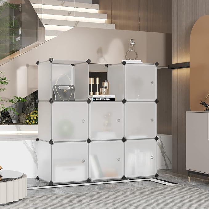 C&AHOME Cube Storage Organizer with Doors, 9-Cube Shelves, Closet Cabinet, DIY Plastic Modular Bookshelf Ideal for Bedroom, Living Room, 36.6”L x 12.4”W x 36.6”H White USBTM3009B-DOOR