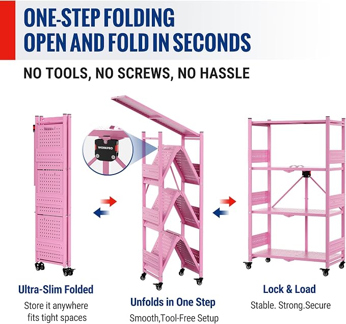 WORKPRO 4-Tier Folding Shelf, No-Assembly Metal Storage Rack with Wheels, 600 lbs Capacity (with Leveling Feet), Collapsible Shelving Unit for Kitchen, Pantry, Closet & Craft Shows - Pink