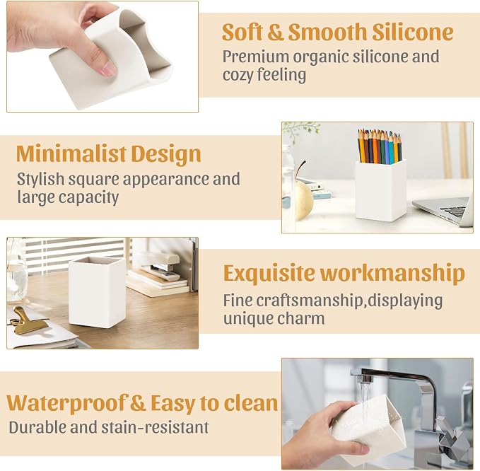 Pen Holder for Desk,Nordic Elegance Square Silicone Pencil Holder Soft Minimalist Desk Pen Cup Stand Waterproof Multifunctional Office Supplies for Home,Kids and School(Beige)