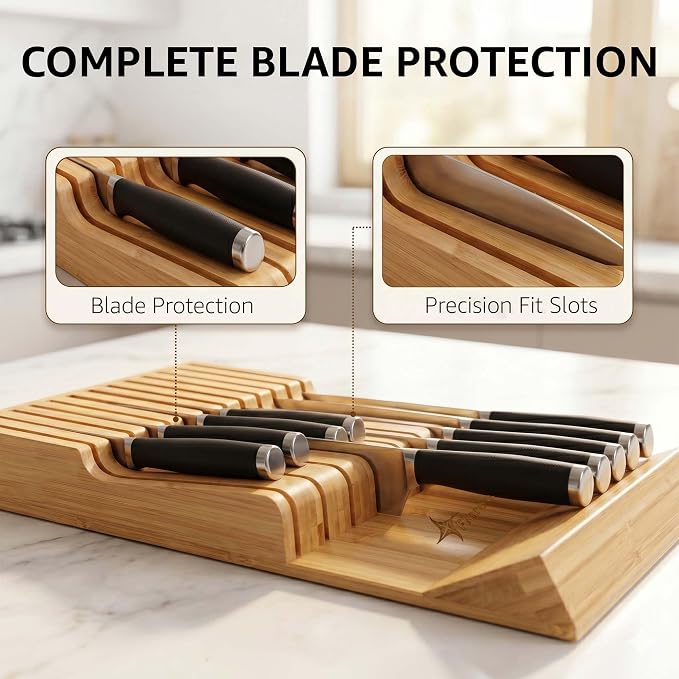 Flareware Bamboo Knife Drawer Organizer - 15-Slot In-Drawer Block for Steak & Large Knives, 2-Tier Bamboo Holder, Space-Saving Storage Organizer - (Knives Not Included)