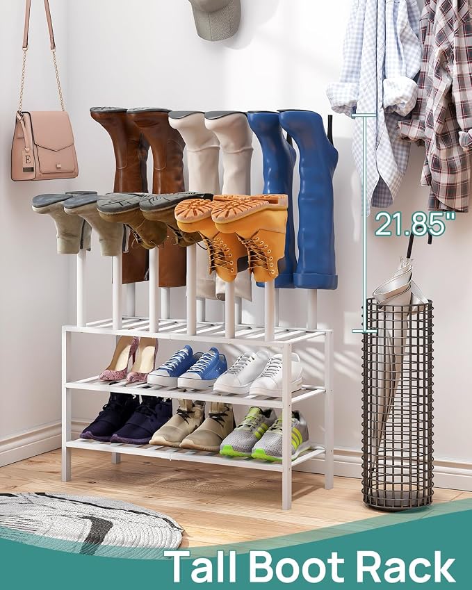 viewcare White Boot Rack, Boot Rack Organizer Tall Boots with Shoe Rack for Closet, Bamboo Wood Shoe Shelf Storage Organizer for Entryway