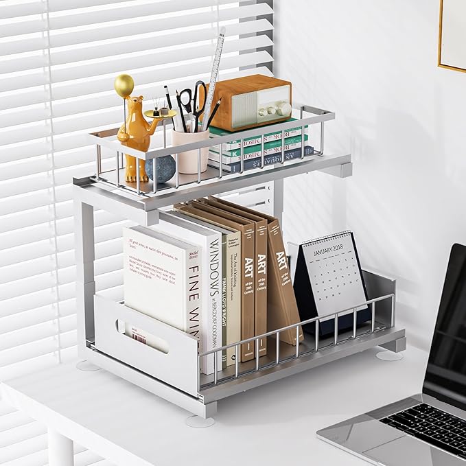 Under Sink Organizer, Heavy Duty Metal Pull Out Cabinet Organizer Slide Out Sink Shelf Organizer Height Adjustable, Multi-Purpose Storage Shelf for Kitchen Bathroom(Sliver,1Pack)