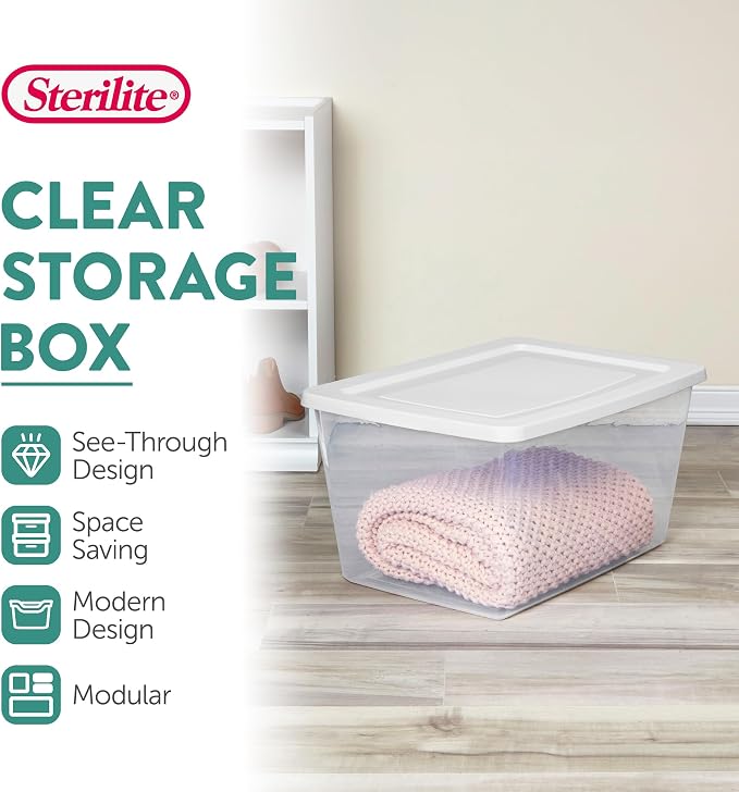 Sterilite 12-Pack Clear Storage Box, Stackable Container Bins with Lids, 58 Qt, White – Large Plastic Containers for Home, Closet, Bathroom, Classroom, and Office Organization
