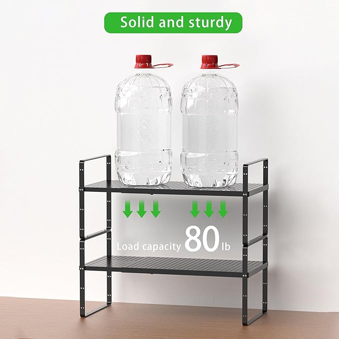 Expandable Cabinet Organizer Shelf - Adjustable Width (16.5”-27.1”), Stackable, Heavy Duty 80 lbs, for Kitchen Pantry, Countertop, Office, Spice Rack - Black, Large Size, 1 Pack