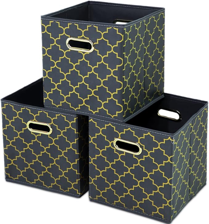 Fabric storage bins Cubes, Fabric Cube Organizer with Handle, Foldable Cube Bins for Cloth or Accessary Storage, 11x11x11, Set of 3, (Grey Gold)