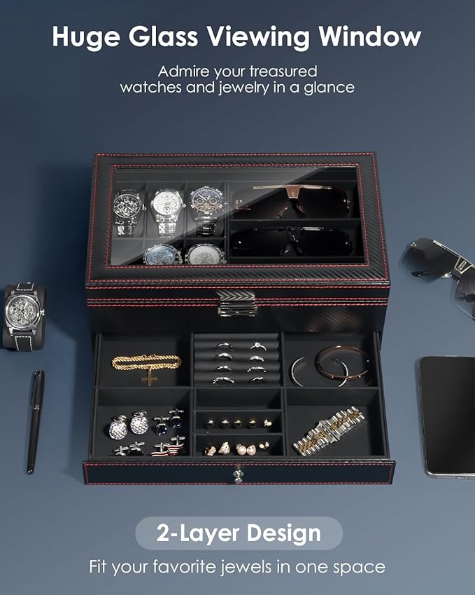 Kukikan Watch Jewelry Box Organizer, 6-Slot 2-Layer Watch Case and Sunglasses Storage with Large Glass Lid, Men's Jewelry Box with Lock, Watch Holder Display Case, Fathers Day Gift for Dad