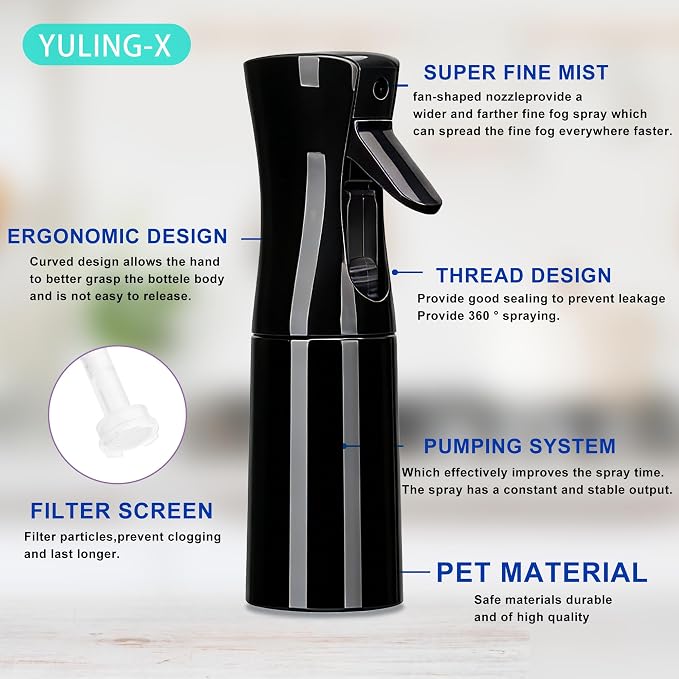 hair spray bottle, ultra-fine spray continuous spray bottle (200ml/6.8oz), used for hair design, vegetation, cleaning and skin care - empty, reusable (Pure Black)