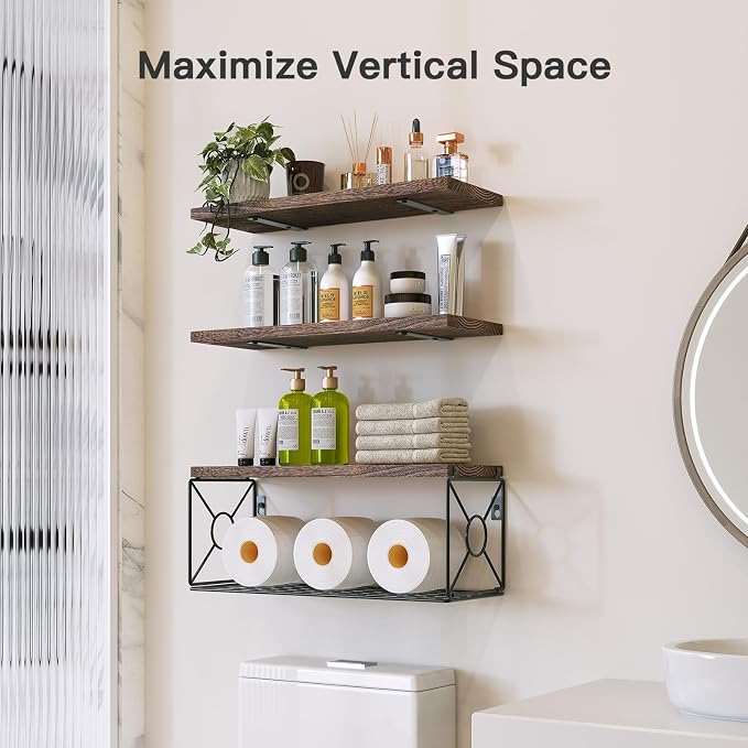 Amada Bathroom Shelves Over Toilet with Storage Basket, Floating Wall Shelf for Home Organization & Wall Decor, Bathroom/Kitchen/Living Room Shelves–Rustic Brown