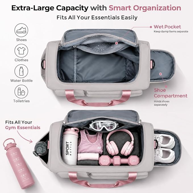 FIORETTO Women's Gym Duffle Bag with Shoes Compartment, 30L Capacity, Ideal for Travel, Gym, Sports, Duffel, Weekender