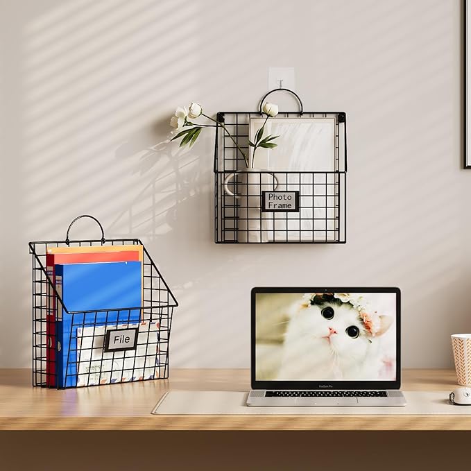 Yuzehuaza Hanging Wall File Holder Organizer Metal Wall Mount File Folders Holder Magazine Rack with Handles and Hooks , for Home Office, 4 Packs, Black (Patent Pending)