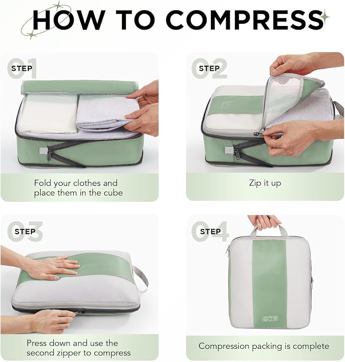 OlarHike 10 Set Compression Packing Cubes for Travel Essentials,Compressible Expandable Space Saver Bags for Organizing Clothes,Luggage Garment Bags with Over 1000 pcs Mesh Holes(Matcha Green)