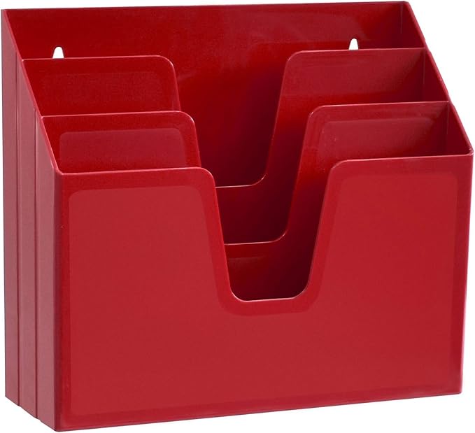 Acrimet Horizontal Triple File Folder Holder Organizer, Open Top Desktop Document Sorter for Letter Size Papers & Folders, Plastic (Solid Red) | 3 compartments to separate and organize documents, folders and papers