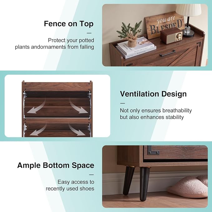 Barnyatoh Shoe Storage Cabinet,Farmhouse Shoe Organizer with 2 Flip Drawers & Barn Door Design,Freestanding Hidden Slim Narrow Shoe Rack Cabinet for Entryway,Foyer,Hallway,Walnut