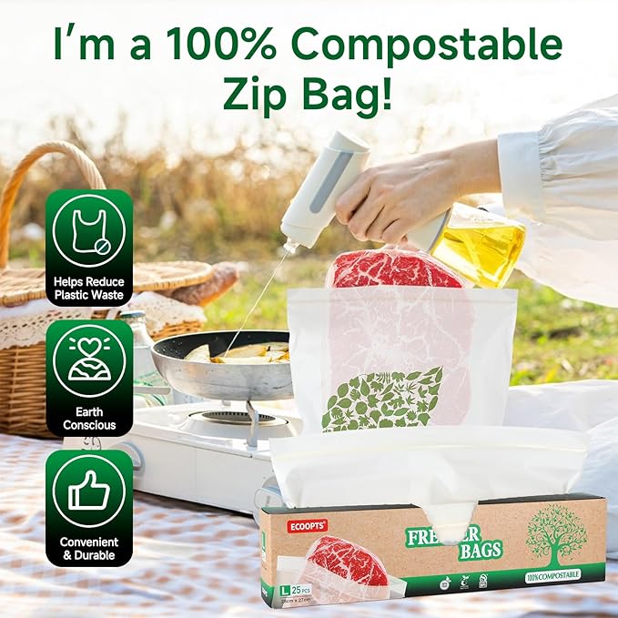 Compostable Gallon Size Food Storage Bags Freezer and Leak Proof, (25 Eco Zip) Seal well for Fruit,Food and Vegetable Plant-Based BPA-free (50)